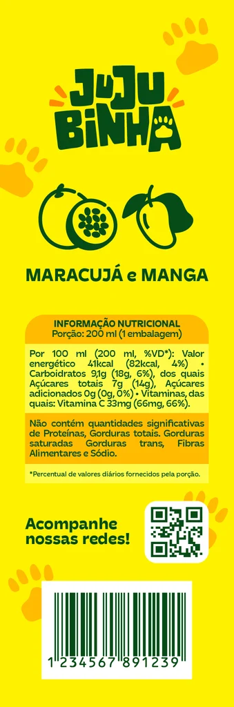Lateral da caixinha com a informação nutricional: por 100 ml, 41 kcal, açúcares adicionados 0 g, vitamina C 33 mg