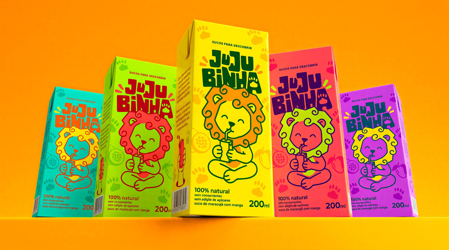 As cinco caixinhas Jujubinha enfileiradas, uma de cada cor