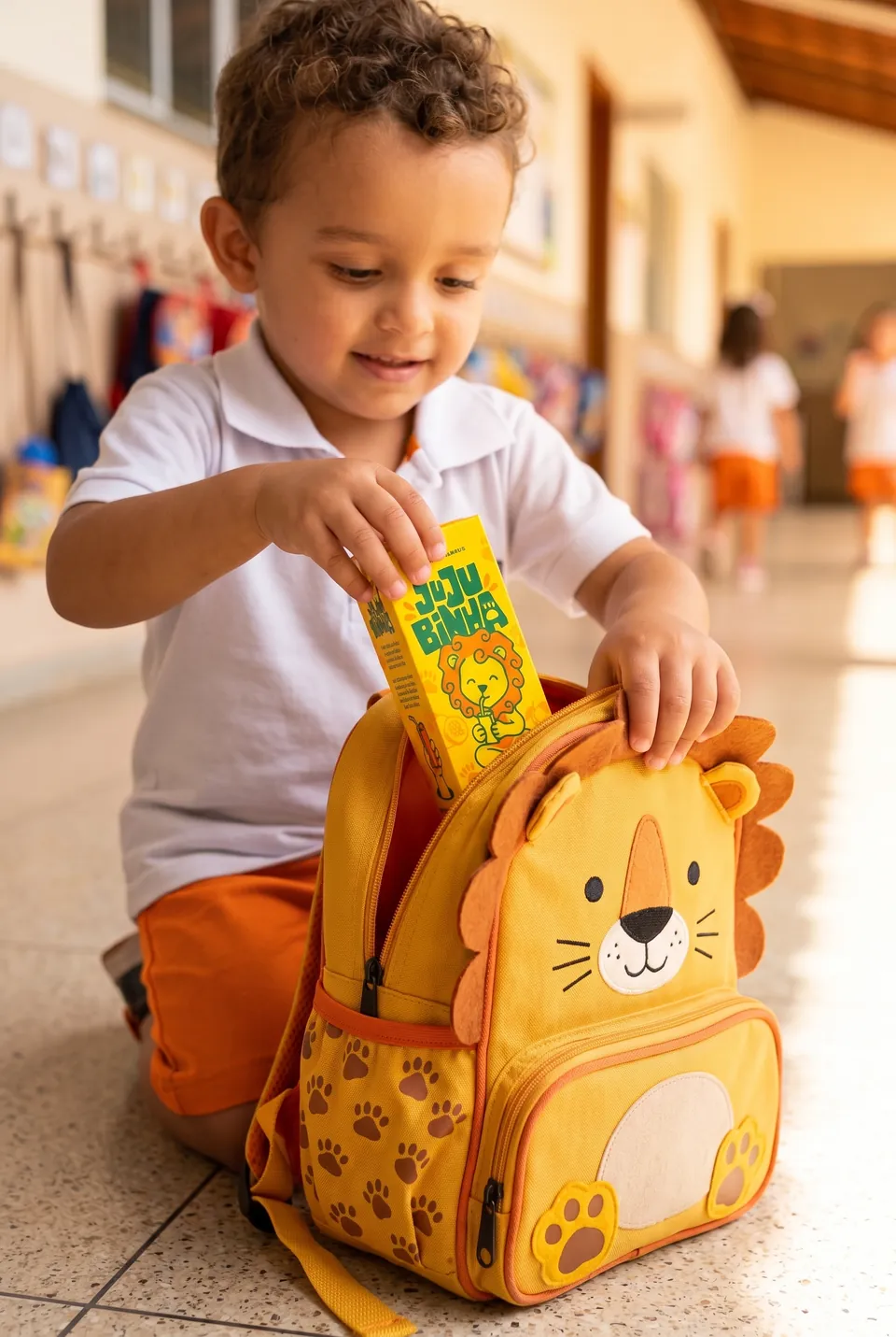 Victor guardando a caixinha Jujubinha na mochila de leão no corredor da escola